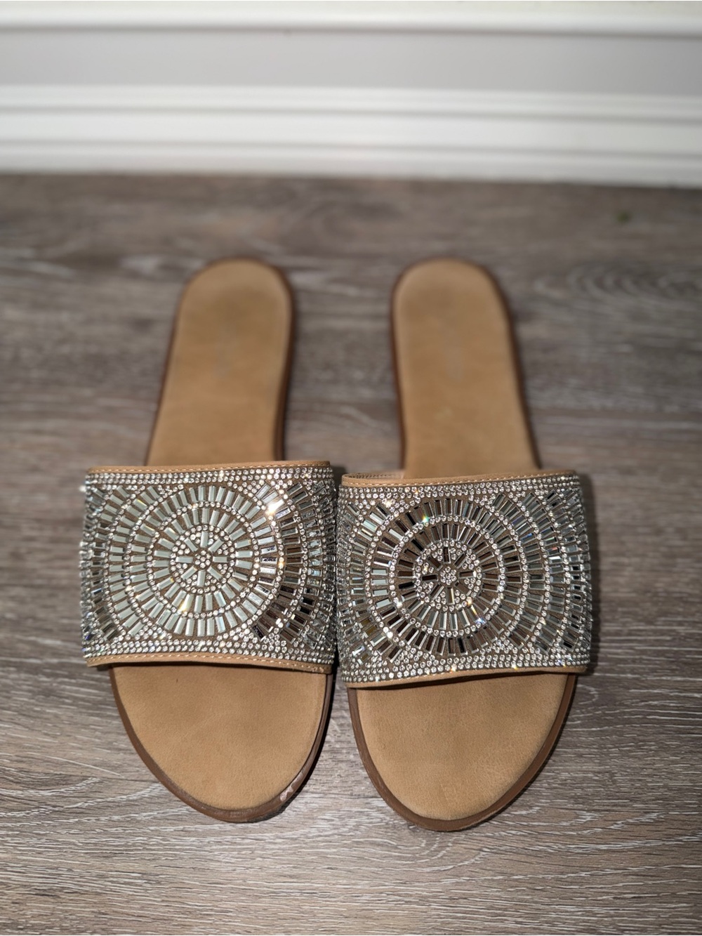 Embellished Slide Sandals in Tan with Silver Beading